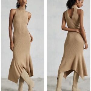 NWT Anthropologie Mock Neck Midi Dress S $180 Tan Open Back Bodycon Cut Out